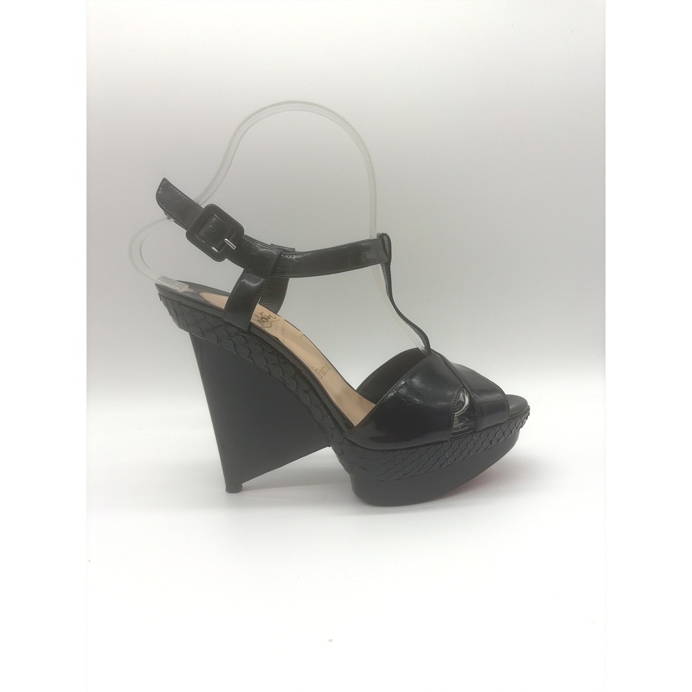 Christian Louboutin Soclette Black Patent T-Strap Wedge Platform Sandals 39